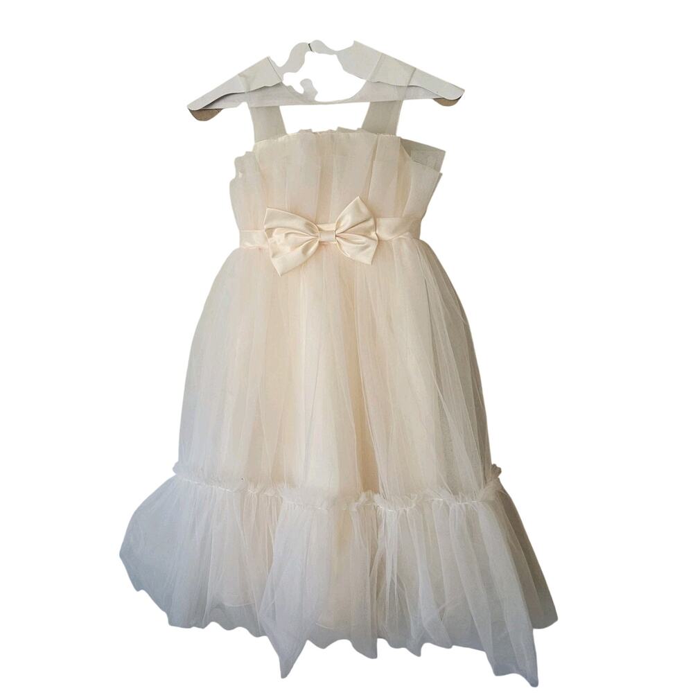 Flower Girl Wedding Dress Champagne Lace Double Tulle Lined Big Bow For 8-9 Yr